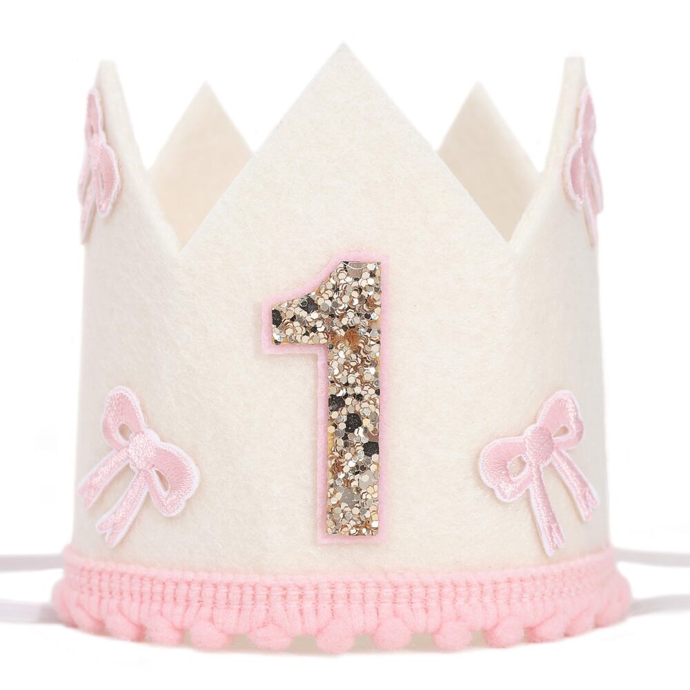 8719 Pink And White Bow 1st Crown - Bow 1st Birthday Theme Crown,Baby Girl